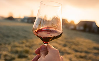 Red wine held up against sunset