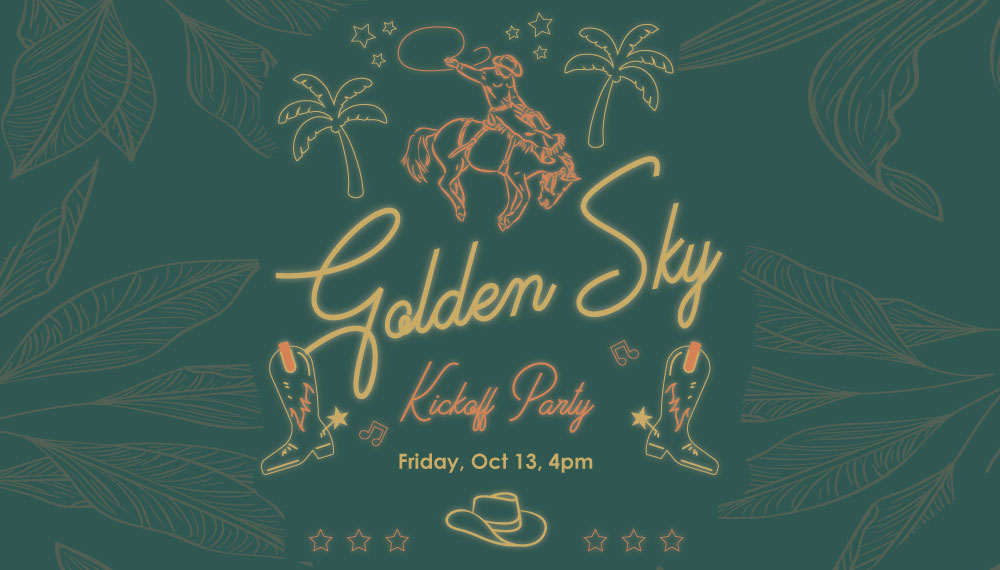 Golden Sky Kickoff Party with illustrations of horseshoes, a guitar, and cowboy boots
