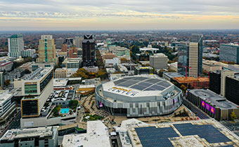 aerial view of downtown commons